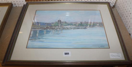 Pair w/colours - river & city scenes signed